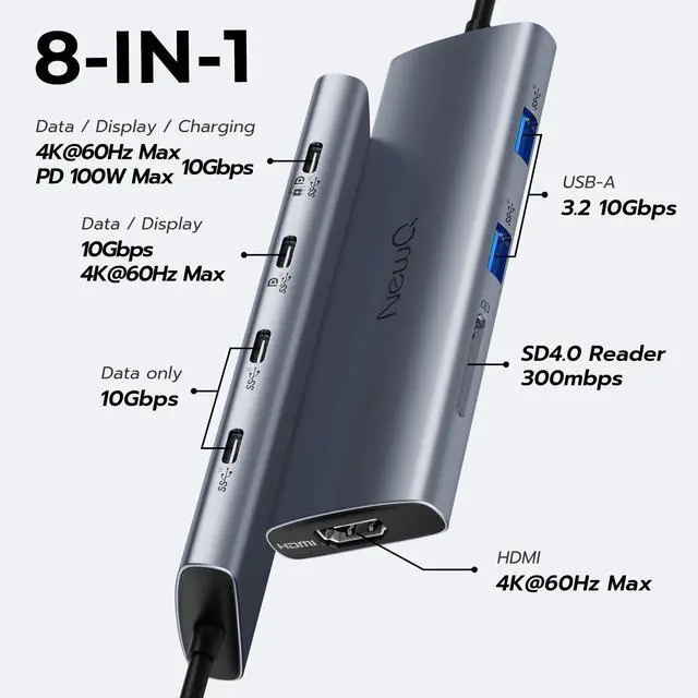 Alt view image 2 of 5 - Versatile USB C Video Hub, 100W PD, DP Alt Dual 4K@30Hz, 10Gbps*6Ports, HDMI, SD4.0, Docking Station 3 Monitors for MacBook, Dell, HP, ASUS, iMac, iPad Pro, Steam Deck, Rog Ally, Legion Go, Samsung