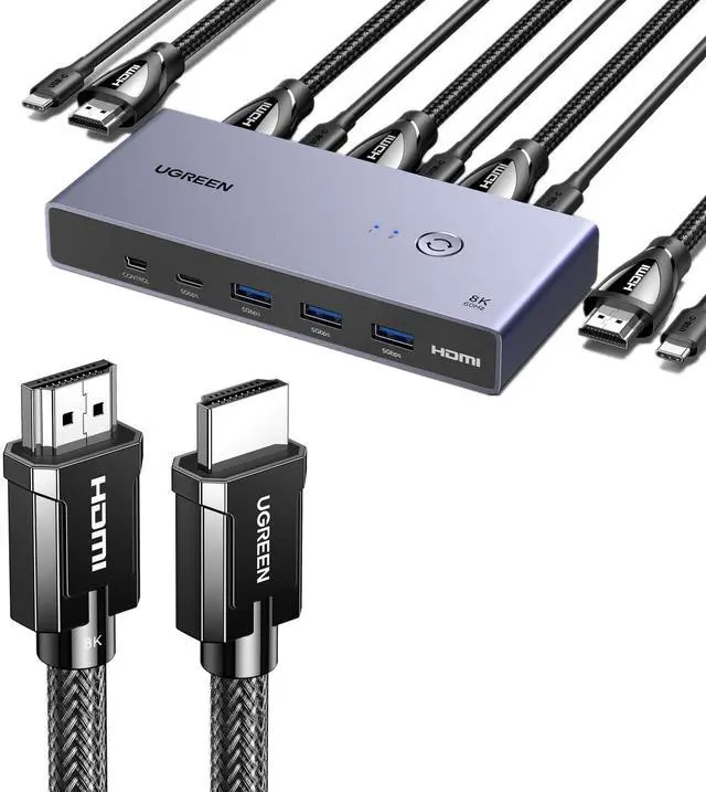 Main image of UGREEN 8K@60Hz HDMI KVM Switch with 4 USB 3.0 Ports USB Switch for 2 Computers Share 1 Monitor Bundle with 8K HDMI 2.1 Cable Certified 6.6FT