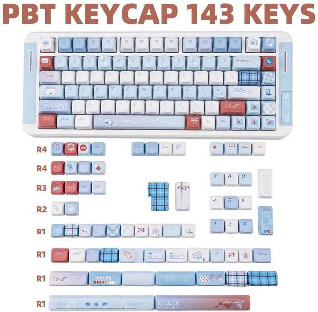 Alt view image 2 of 5 - TIMSEKER 143 Keys Light Blue and White PBT Keycap, Kawaii Custom Cute Keyboard Cap, Five Side Dye Sublimation Custom Key Cap, FOA Profile Keycap for ANSI/ISO Layout Mechanical Gaming Keyboard