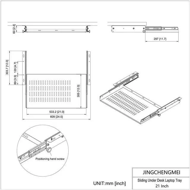 Alt view image 5 of 5 - JINGCHENGMEI 21 inch Sliding Under Desk Laptop Mount with Air Vents, Metal Under Desk Slide Out Tray for Laptop (21 Inch)