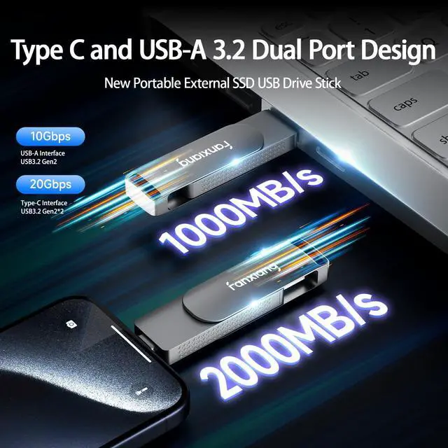 Alt view image 5 of 5 - fanxiang 512GB Fast External SSD Flash Drive Up to 2000MB/s USB3.2 Gen2, 2-in-1 Dual USB A +Type-C Drive, USB Memory Stick Solid State Thumb Drive for iPhone 15/16/Android/Windows/MacPC/Laptops