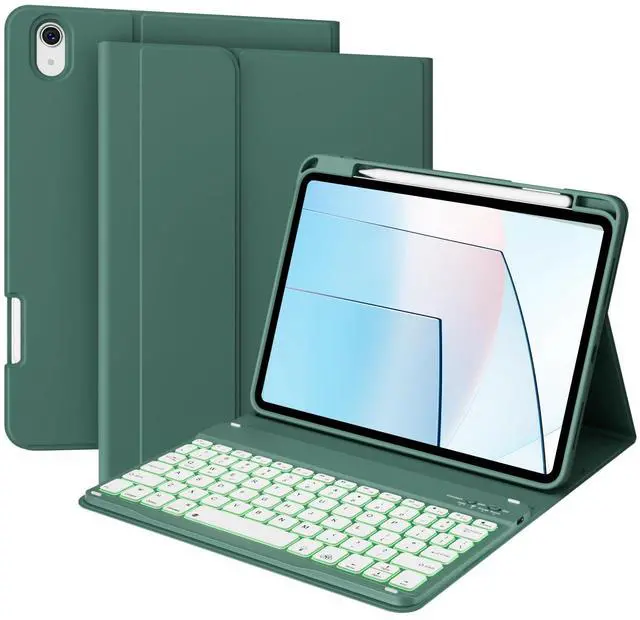 Main image of kenke Case with Keyboard for iPad Air 11 inch 7th (M3/M2) 2025/2024 & Air 5th/4th Generation 10.9 Inch with Right Pencil Holder, 7-Color Backlit Wireless Detachable Folio Keyboard Cover, Dark Green