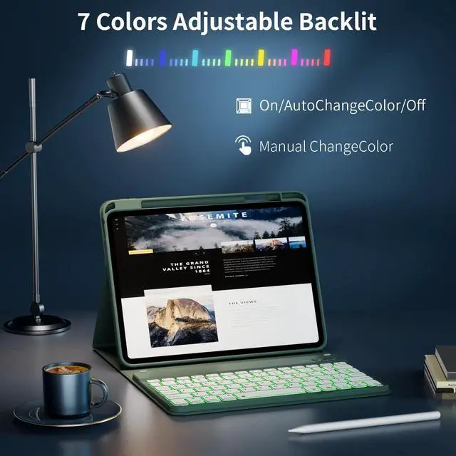 Alt view image 2 of 5 - kenke Case with Keyboard for iPad Air 11 inch 7th (M3/M2) 2025/2024 & Air 5th/4th Generation 10.9 Inch with Right Pencil Holder, 7-Color Backlit Wireless Detachable Folio Keyboard Cover, Dark Green