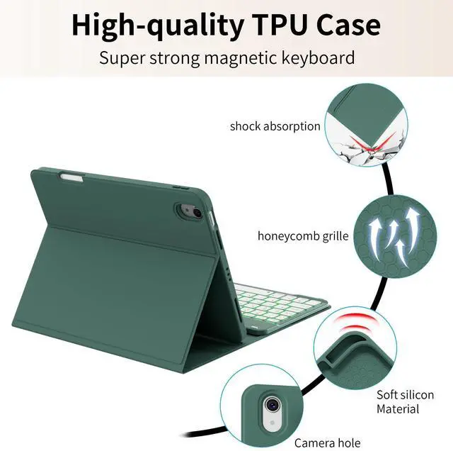 Alt view image 5 of 5 - kenke Case with Keyboard for iPad Air 11 inch 7th (M3/M2) 2025/2024 & Air 5th/4th Generation 10.9 Inch with Right Pencil Holder, 7-Color Backlit Wireless Detachable Folio Keyboard Cover, Dark Green