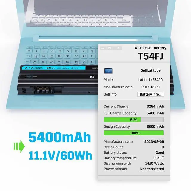 Alt view image 2 of 5 - XYT-TECH TG T54FJ 60WH M5Y0X E6420 E5420 Replacement Laptop Battery for Dell Latitude E5420 E5520 E5430 E5530 E6520 E6420 E6530 Inspiron 4420 5420 5425 7420 7520 M421R M521R N4420 N4720 N5420