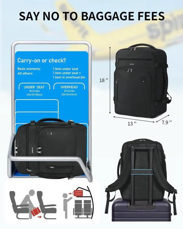 Alt view image 2 of 5 - ECOHUB Travel Backpack for Men, 18x14x8 Spirit Airlines Personal Item Bag with Clear Toiletry Bag, Laptop Carry on Backpack with USB Port, Airline Approved Under Seat 14 Pockets 30L, Black