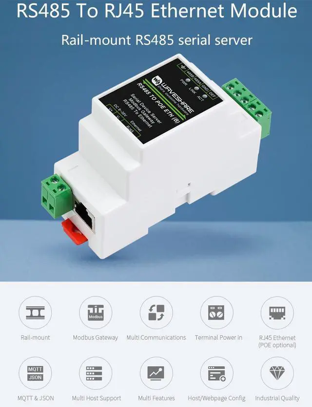 Alt view image 2 of 5 - waveshare RS485 to RJ45 Ethernet with POE Function Modbus/MQTT Gateway, Bi-Directional Transparent Data Transmission Between RS485 and Ethernet, 6~36V DC Screw Terminal, or PoE Port Power Supply