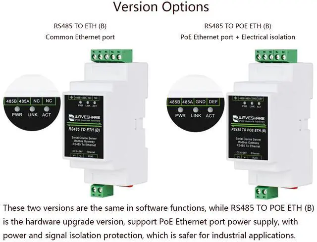 Alt view image 4 of 5 - waveshare RS485 to RJ45 Ethernet with POE Function Modbus/MQTT Gateway, Bi-Directional Transparent Data Transmission Between RS485 and Ethernet, 6~36V DC Screw Terminal, or PoE Port Power Supply