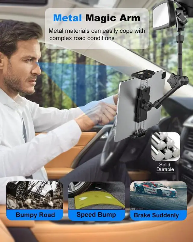 Alt view image 2 of 5 - Kolasels Rearview Mirror Tablet Holder for Car [Metal Magic Arm] Universal Metal Clip Rear View Mirror Tablet Mount, Rear View Mirror Phone Holder for 5.5-15.6 iPad Pro/Air/Mini, Galaxy Z, iphone16