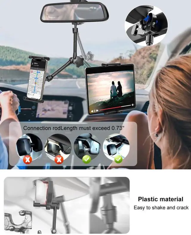 Alt view image 4 of 5 - Kolasels Rearview Mirror Tablet Holder for Car [Metal Magic Arm] Universal Metal Clip Rear View Mirror Tablet Mount, Rear View Mirror Phone Holder for 5.5-15.6 iPad Pro/Air/Mini, Galaxy Z, iphone16