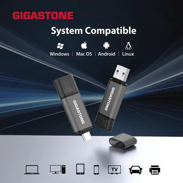 Alt view image 3 of 5 - GIGASTONE 128GB Dual Flash Drive (2 Pack) Z40 USB 3.2 Gen 1, 2-in-1 Type-A & Type-C, 100MB/s Ultra Fast, Head Cap Design, Plug & Play for Smartphone/PC/Mac/TV/Car Audio, USB 2.0/3.0/3.1 Compatible