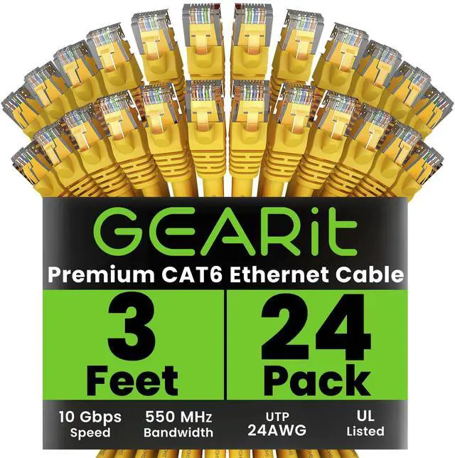 Main image of GearIT Cat 6 Ethernet Cable (24-Pack 3 Feet) Cat6 Network Patch, 10Gbps, RJ45, Snagless Cord, Gold-Plated Connectors, Internet for PC, TV, Tablet, Router, Printer, Servers, IT Data Center - Yellow