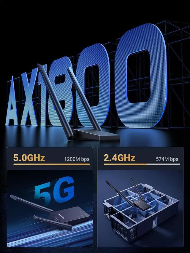 Alt view image 3 of 5 - UGREEN WiFi Adapter, AX1800 WiFi 6 Adapter for Desktop PC with Dual 5dBi High Gain Antennas, 5G/2.4G Dual Band, WAP3-SAE, 3FT USB 3.0 to Micro USB 3.0 cable, WiFi Dongle Supports Windows 10/11