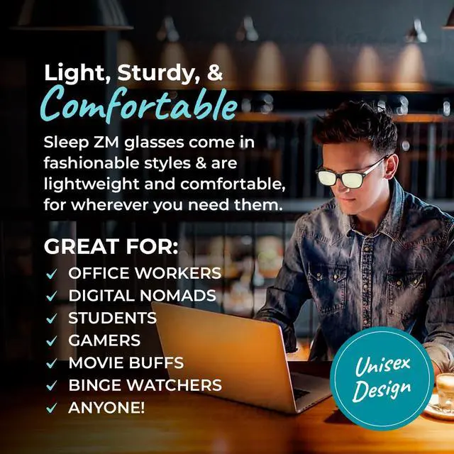 Alt view image 5 of 5 - Sleep ZM 60% Blue Light Blocking Glasses + Foldable Leather Case for Computer, TV, Gaming Use Improve Sleep Quality by Naturally Producing Melatonin for Women and Men
