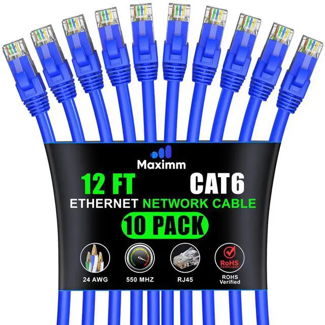 Main image of Maximm Cat 6 Ethernet Cable 12 ft (10-Pack) - High-Speed LAN Cable, Internet Cable, Patch Cable, and Network Cable - UTP, 10Gbps, 550MHz Ethernet Cord - Blue