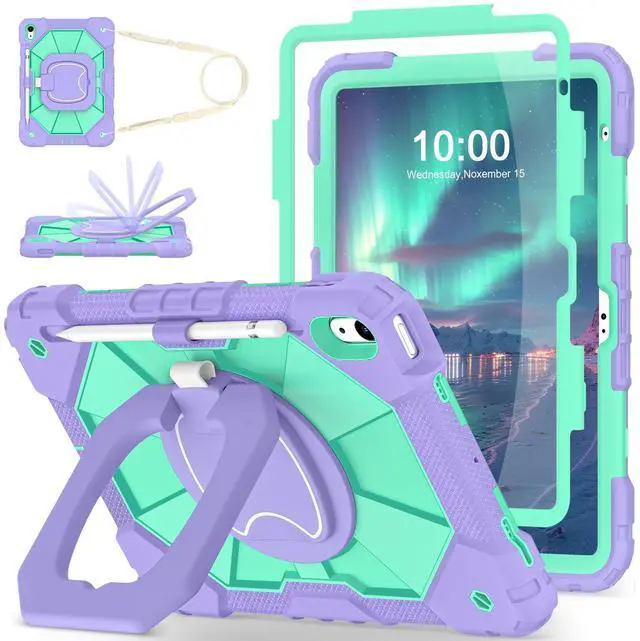 Main image of WESOROL Case for iPad (A16) 11th/10th Generation 2025/2022 with Screen Protector Rotating Stand Pencil Holder Shoulder Strap Heavy Duty Shockproof Cover for iPad 10th Gen Case Kids,Purple Green