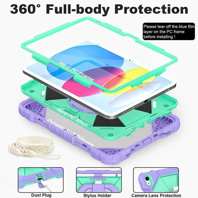 Alt view image 2 of 5 - WESOROL Case for iPad (A16) 11th/10th Generation 2025/2022 with Screen Protector Rotating Stand Pencil Holder Shoulder Strap Heavy Duty Shockproof Cover for iPad 10th Gen Case Kids,Purple Green
