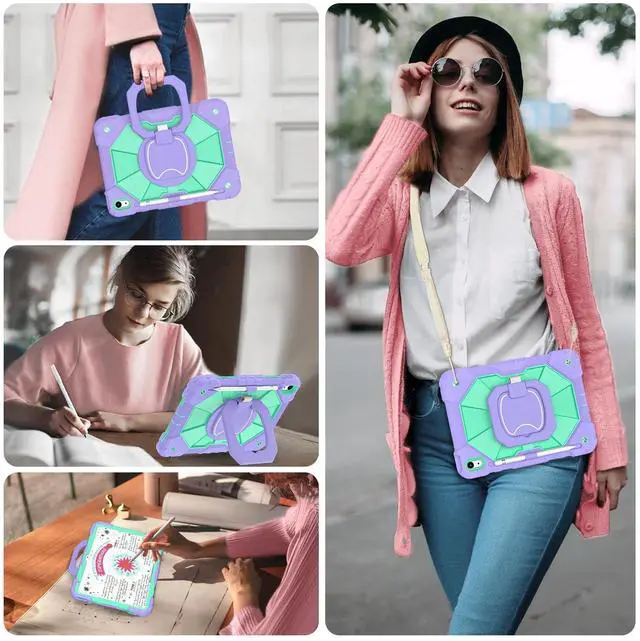 Alt view image 5 of 5 - WESOROL Case for iPad (A16) 11th/10th Generation 2025/2022 with Screen Protector Rotating Stand Pencil Holder Shoulder Strap Heavy Duty Shockproof Cover for iPad 10th Gen Case Kids,Purple Green