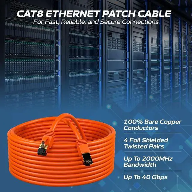 Alt view image 2 of 5 - Cables Direct Online Cat8 Orange 50FT SFTP Ethernet Patch Cable 40Gbps 2000Mhz Connection 26AWG Shielded Copper RJ45 Connectors for Modems, Routers, Networks