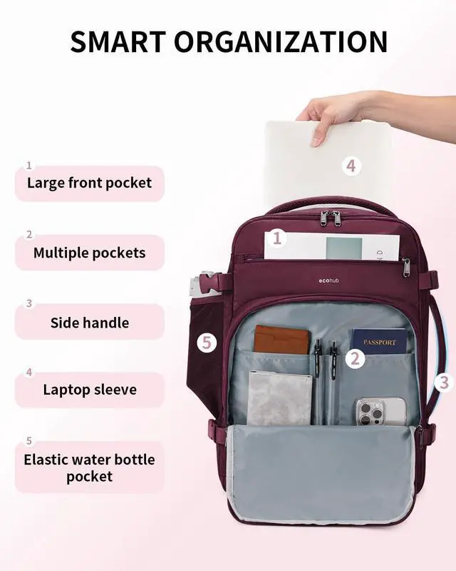 Alt view image 5 of 5 - ECOHUB Travel Backpack for Women, 18x14x8 Spirit Airlines Personal Item Bag with Clear Toiletry Bag, Laptop Carry on Backpack with USB Port, Airline Approved Under Seat 14 Pockets 30L, Red