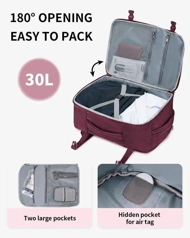 Alt view image 4 of 5 - ECOHUB Travel Backpack for Women, 18x14x8 Spirit Airlines Personal Item Bag with Clear Toiletry Bag, Laptop Carry on Backpack with USB Port, Airline Approved Under Seat 14 Pockets 30L, Red