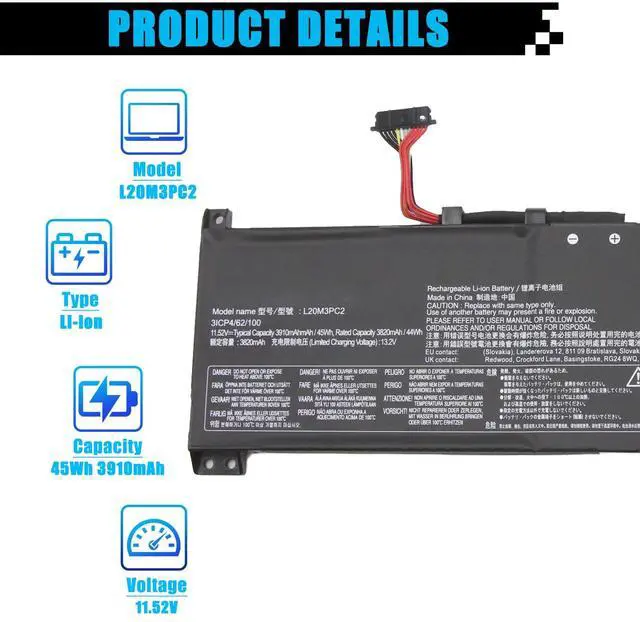 Alt view image 2 of 5 - L20M3PC2 SB11B96717 Laptop Battery Replacement for Lenovo Ideapad Gaming 3-15ACH6 Type-82K2 82MJ Ideapad Gaming 3-15IHU6 Type-82K1 82MG Series L20D3PC2 SB11B96720 L20C3PC2 SB11B96716 45Wh 3910mAh