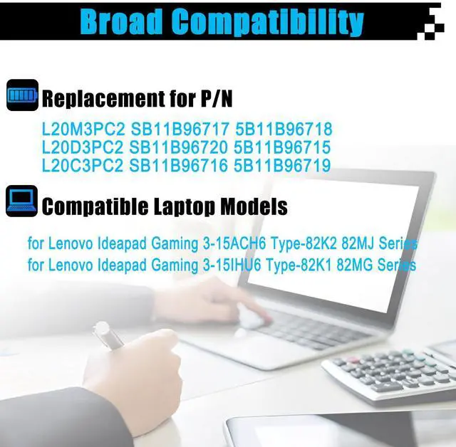 Alt view image 3 of 5 - L20M3PC2 SB11B96717 Laptop Battery Replacement for Lenovo Ideapad Gaming 3-15ACH6 Type-82K2 82MJ Ideapad Gaming 3-15IHU6 Type-82K1 82MG Series L20D3PC2 SB11B96720 L20C3PC2 SB11B96716 45Wh 3910mAh