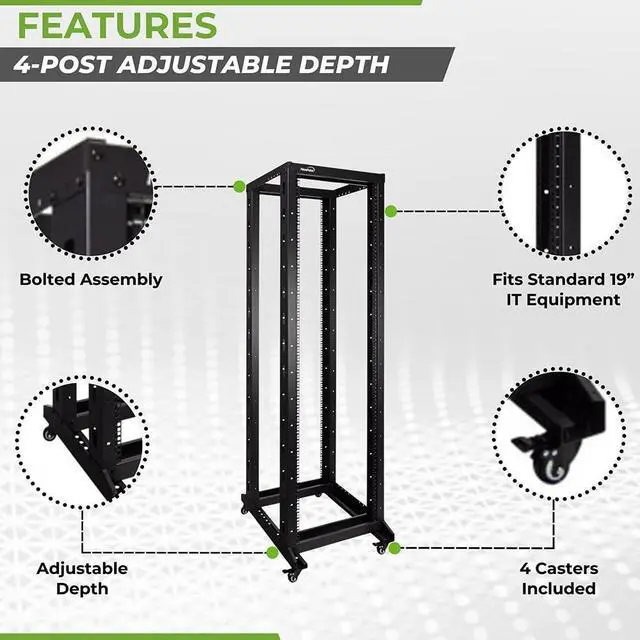 Alt view image 2 of 5 - NavePoint 42U 4 Post Server Rack  Open Frame Rack for 19 Inch Equipment, Adjustable Depth 4-Post Network Rack with Casters Wheels, 42U Server Rack 881lbs Capacity, Black