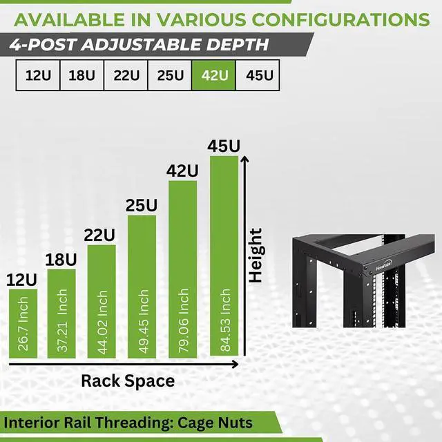 Alt view image 3 of 5 - NavePoint 42U 4 Post Server Rack  Open Frame Rack for 19 Inch Equipment, Adjustable Depth 4-Post Network Rack with Casters Wheels, 42U Server Rack 881lbs Capacity, Black