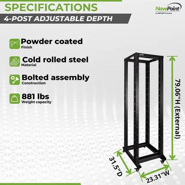 Alt view image 4 of 5 - NavePoint 42U 4 Post Server Rack  Open Frame Rack for 19 Inch Equipment, Adjustable Depth 4-Post Network Rack with Casters Wheels, 42U Server Rack 881lbs Capacity, Black