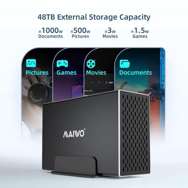 Alt view image 4 of 5 - MAIWO Dual Bay Hard Drive RAID Enclosure with Cooling Fan for 2.5/3.5 inch SATA SSD/HDD, 10Gbps USB C 3.1 HDD Enclosure, 48TB Capacity, RAID 0/1/JBOD/PM, Aluminum Case