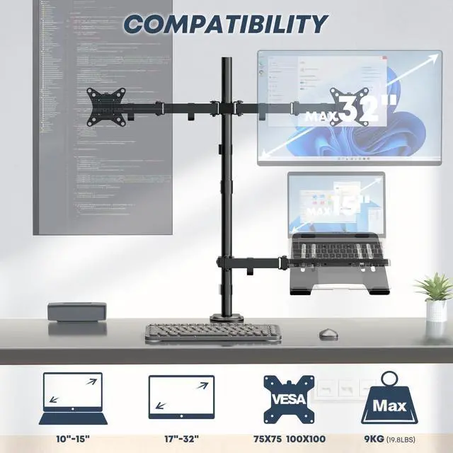 Alt view image 2 of 5 - IMtKotW Dual Monitor Stand and Laptop Mount Fit Two 17 to 32 Inch Monitor and 10 to 17 Inch Laptop,Extra Tall Adjustable Stand,19.8 lbs Weight Capacity per Arm,Black