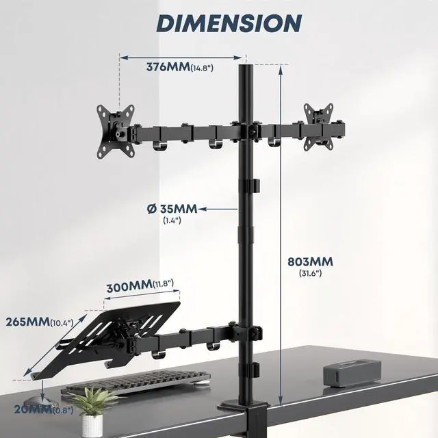 Alt view image 5 of 5 - IMtKotW Dual Monitor Stand and Laptop Mount Fit Two 17 to 32 Inch Monitor and 10 to 17 Inch Laptop,Extra Tall Adjustable Stand,19.8 lbs Weight Capacity per Arm,Black