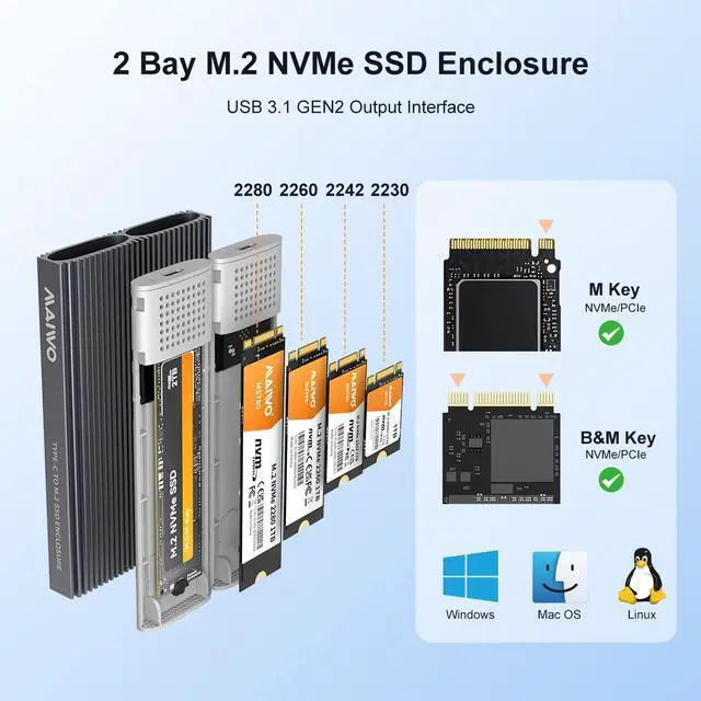 Alt view image 3 of 5 - MAIWO Dual Bay M.2 NVMe SSD Enclosure, USB3.1 GEN2 10Gbps with UASP Trim, Up to 16TB, Tool Free PCIe NVMe SSD Enclosure for 2230/2242/2260/2280mm M Key B+M Key