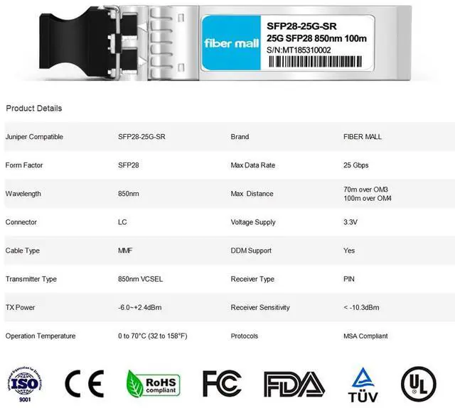 Alt view image 2 of 5 - 25G SFP28 SR for Juniper JNP-SFP-25G-SR, 10/25GBASE-SR SFP28 850nm 100m DOM LC MMF Optical Transceiver Module