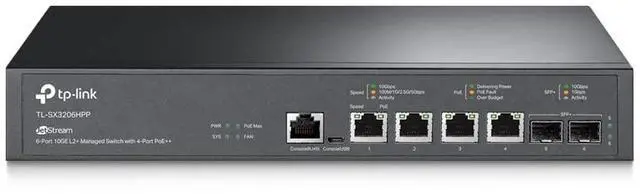 Main image of TP-Link TL-SX3206HPP | 6 Port 10G L2+ Managed PoE Switch | 4 PoE++ Port @200W, 2 x 10G SFP+ Slots | PoE Recovery | Omada SDN Integrated | IPv6 & Static Routing | 5 Year Manufacturer Warranty