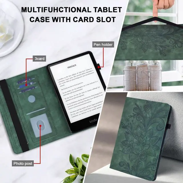 Alt view image 4 of 5 - TUOLISG Case for All-New 7" Kindle Paperwhite 12th Generation 2025/2024 & Kindle Colorsoft Signature Edition 2024, Embossed Lace Premium PU Leather Case with Card Slot/Pen Holder, Green