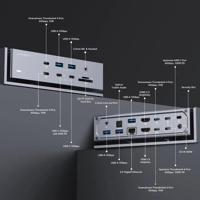 Alt view image 3 of 5 - iVANKY FusionDock Max 1 Dual Thunderbolt 4 Chips, 20-in-1 Quad 6K@60Hz Monitor MacBook Docking Station, 40Gbps Dock for Mac M1/M2/M3 Pro/Max, 2HDMI 2.0, 96W PD, 10Gbps USB, 2.5 GbE, Silver