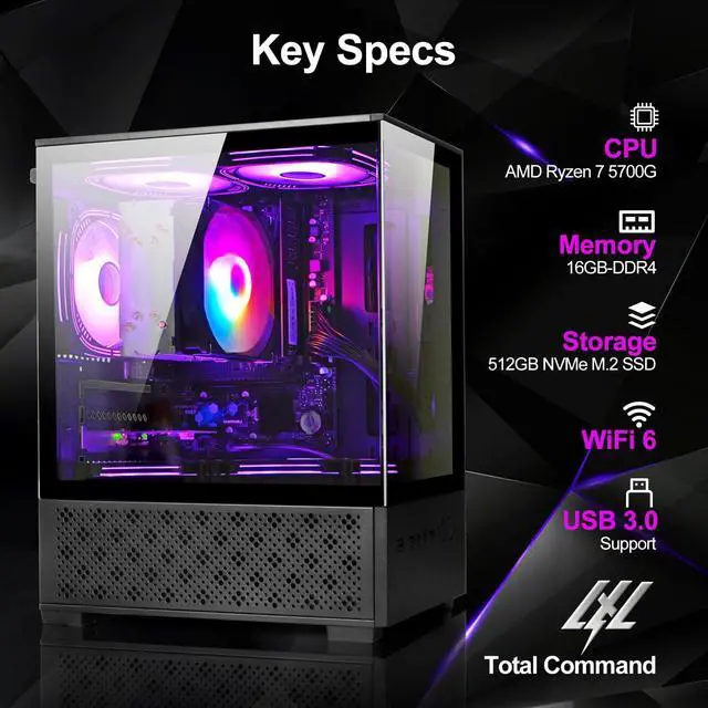 Alt view image 2 of 5 - LXZ Desktop PC AMD Ryzen 7-5700G 8 core 3.9GHz, 16G DDR4 RAM, 512GB NVME SSD, Tower Computer with 400W Power Supply for Home and Office (Black)