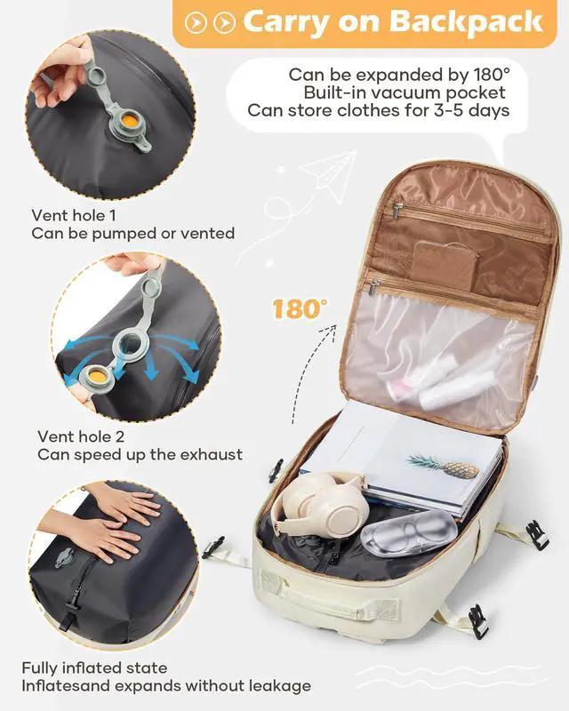 Alt view image 3 of 5 - bergsalz Vacuum Backpack With Pump,Travel Laptop Backpacks For Women Men,Airback Backpacks With Vacuum Compression Bags Seal Packing,Carry On Backpack, Personal Item Travel Bag Beige