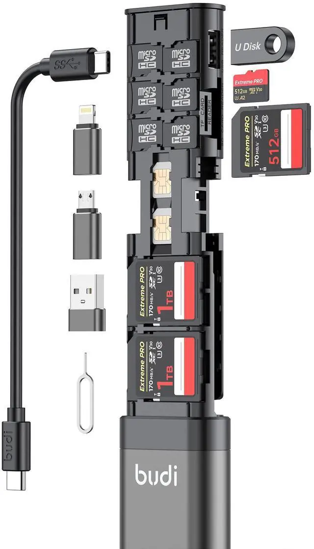 Main image of BUDI Multifunctional 9 in1 SD Card Reader Cable and USB 3.0 TF/SD Type-C with OTG Adapter for iPhone Android and Computer Memory Stick Plug and Play (Upgrade Version)