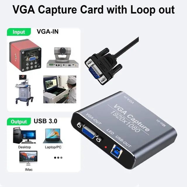 Alt view image 2 of 5 - VGA Capture Card, VGA to USB Capture Device with VGA Loopout, Mic Input Support HD 720P Video for Gaming, Streaming, Teaching, Video Conference, Live Broadcasting