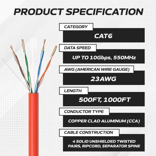 Alt view image 2 of 5 - Cables Direct Online CAT6 Cable 1000ft Pull Box Solid Ethernet LAN UTP Cable 23AWG 550Mhz RJ45 Network CCA Copper Clad Aluminum Wire Bulk (Red)