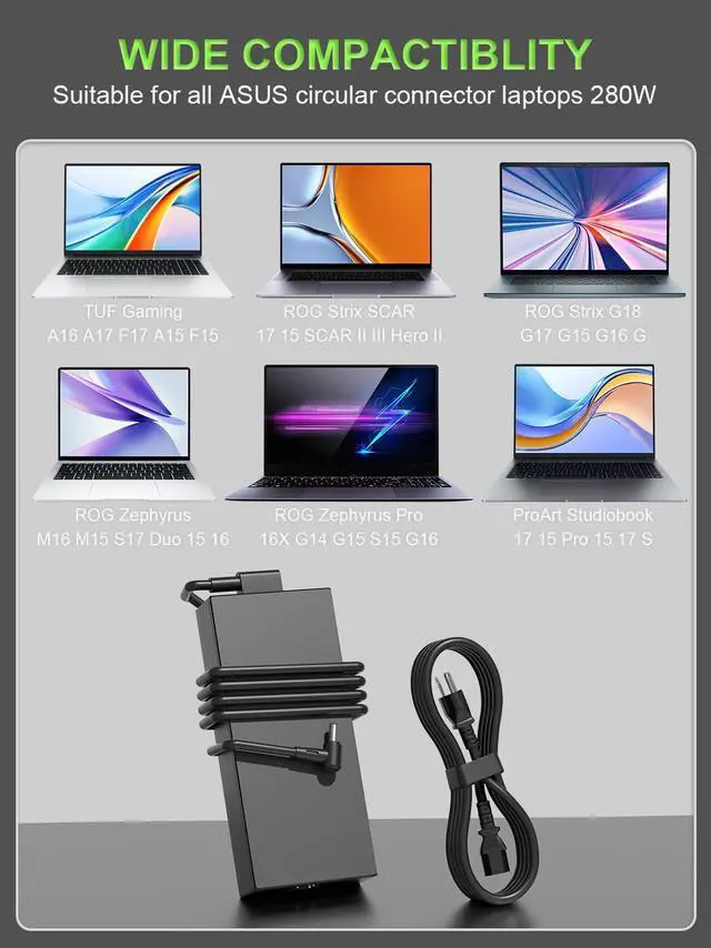 Alt view image 4 of 5 - 280W Charger for Asus ROG Strix G18 G17 G16 G15 G814 G713 G614 G513 SCAR 15 17 G733 G732 G533 G703 TUF A16 Flow X16 GV601 ProArt W730 Zephyrus Duo 15 16 S17 GX703 GU604 GX551 GX650 Laptop Power Supply