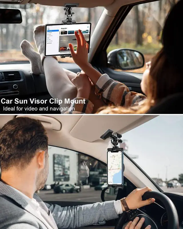 Alt view image 3 of 5 - woleyi Sun Visor Car Tablet Holder, Visor Clip Tablet Mount for Car, 360° Rotation Universal Steering Wheel Tablets Clamp with 1/4'' Screw for iPad Pro Air Mini, Phone, Switch, 4.7-13" Devices/Camera