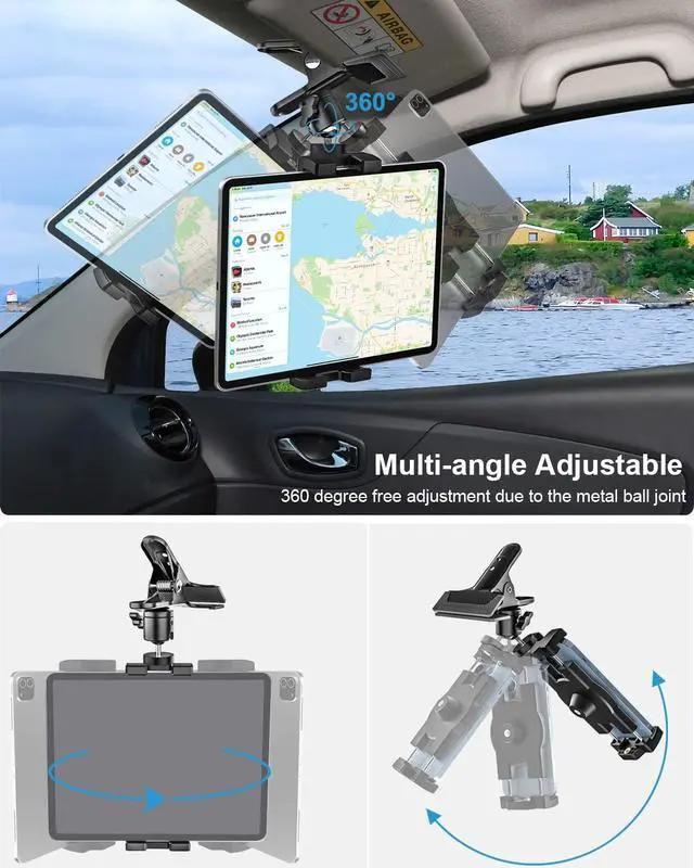 Alt view image 4 of 5 - woleyi Sun Visor Car Tablet Holder, Visor Clip Tablet Mount for Car, 360° Rotation Universal Steering Wheel Tablets Clamp with 1/4'' Screw for iPad Pro Air Mini, Phone, Switch, 4.7-13" Devices/Camera