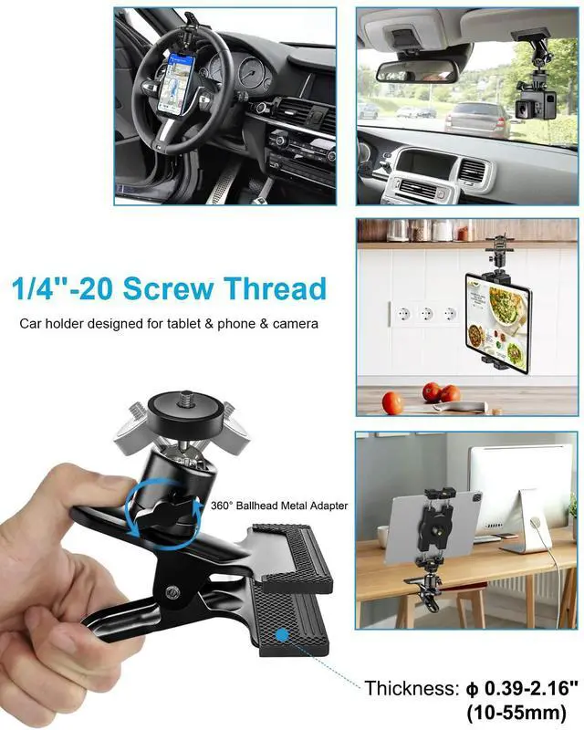 Alt view image 5 of 5 - woleyi Sun Visor Car Tablet Holder, Visor Clip Tablet Mount for Car, 360° Rotation Universal Steering Wheel Tablets Clamp with 1/4'' Screw for iPad Pro Air Mini, Phone, Switch, 4.7-13" Devices/Camera