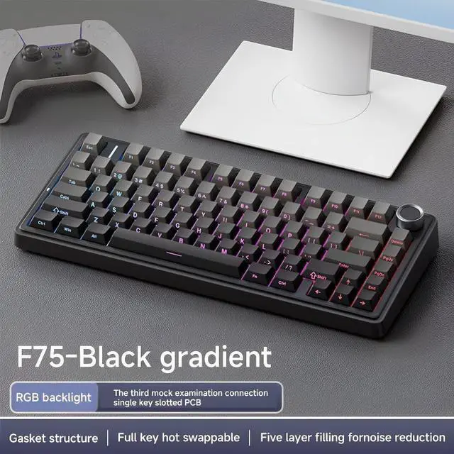 Alt view image 2 of 5 - Shaking Tank x Aula F75 Gasket Mechanical Keyboard, 75% Wireless Hot Swappable Gaming Keyboard with Five-Layer Padding&Knob, Bluetooth/2.4GHz/USB-C, RGB (Black Gradient, LEOBOG Reaper Switch)