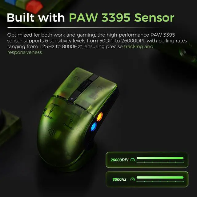 Alt view image 3 of 5 - AKNES 8BitDo Retro R8 Mouse with PAW 3395 Optical Sensor DPI 26K, Wireless 4K Polling Mouse with Charging Dock, Programmable Buttons, and Kailh Sword GM X Micro Switches - X Box Edition