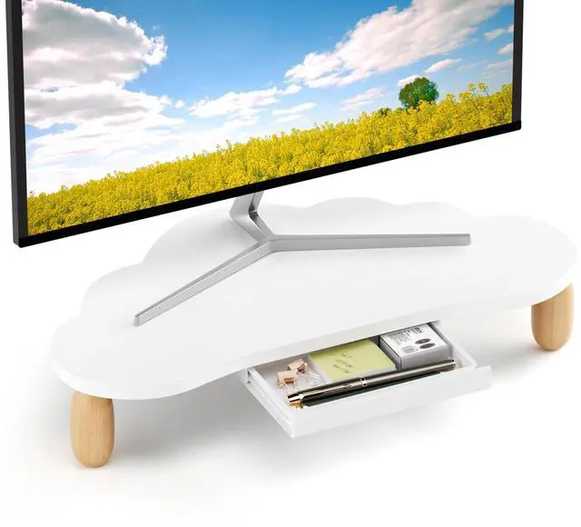 Main image of AFOOYO Cloud-Shaped Sturdy Wood Computer Monitor Stand Riser With Drawer, Multi-Purpose Desktop Organizer